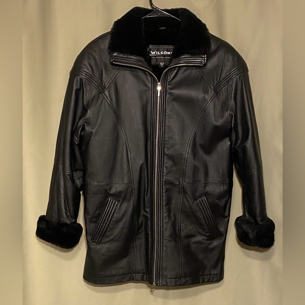 Wilson Black Leather Mid Length Full Zip Winter Coat with Fur Trim Belted WMNS S